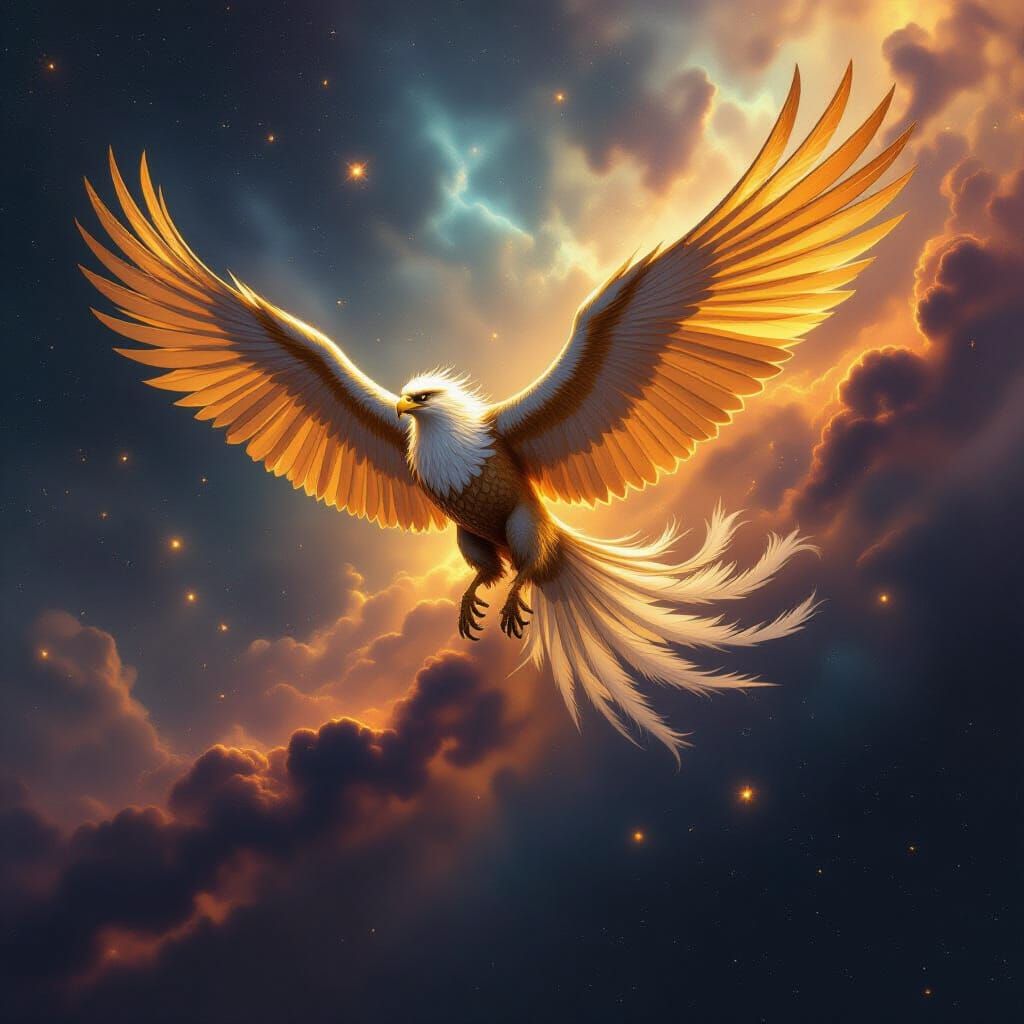 Golden Griffin Soaring Through Cosmic Nebula