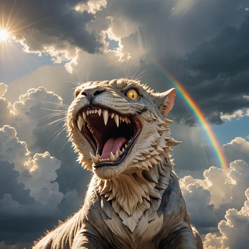 Catdino With Sharp Teeth Bathed in Heavenly Sunshine