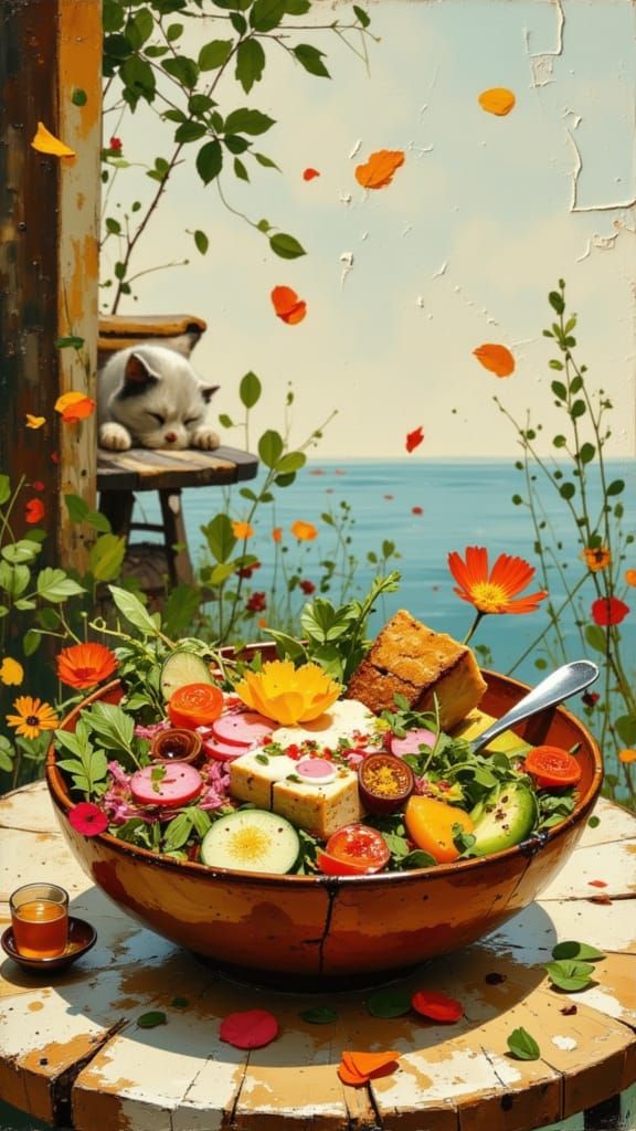 Vibrant Vegan Buddha Bowl in Folk Art Impressionism