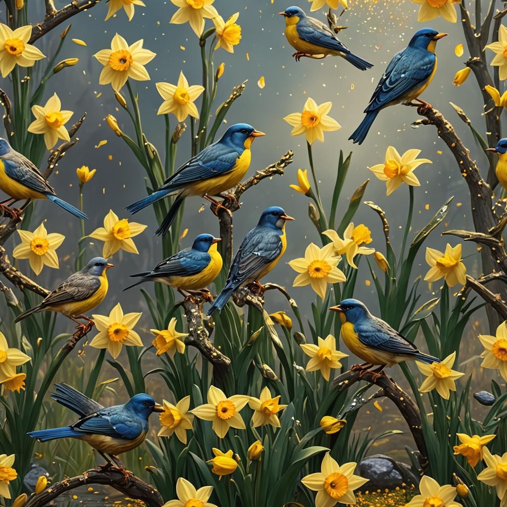 Birds and Daffodils with Glitter Background