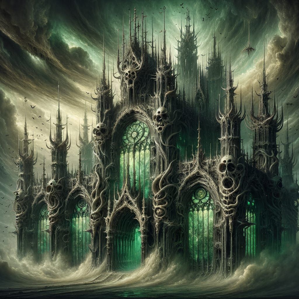 Ominous Gothic Cathedral of Obsidian and Bone