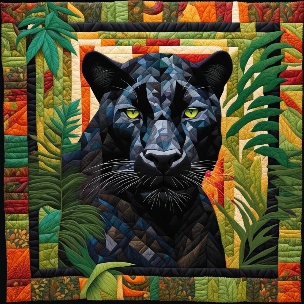 Black Panther Patchwork Quilt in Abstract Art Style