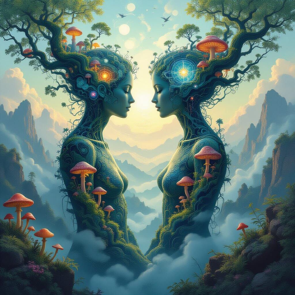 Intertwined Figures Reveal Dreamlike Mindscape Concept Art