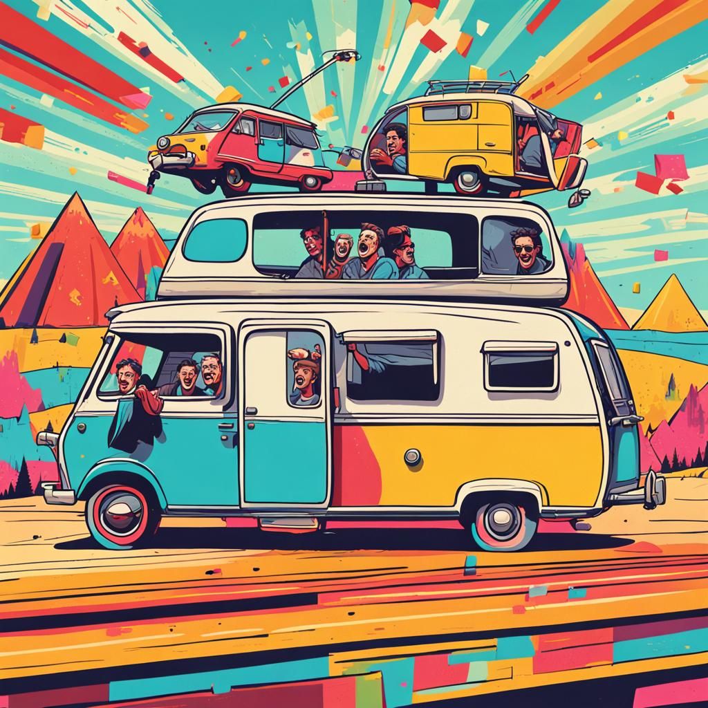 Humorous Caravan Road Trip in Pop Art Style