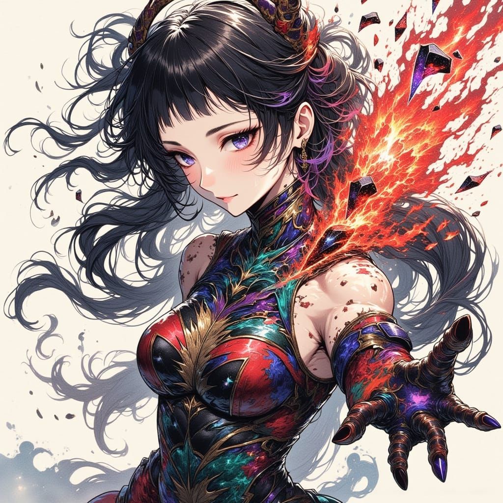 80s Anime Woman Unleashing Zentangle Energy Attacks