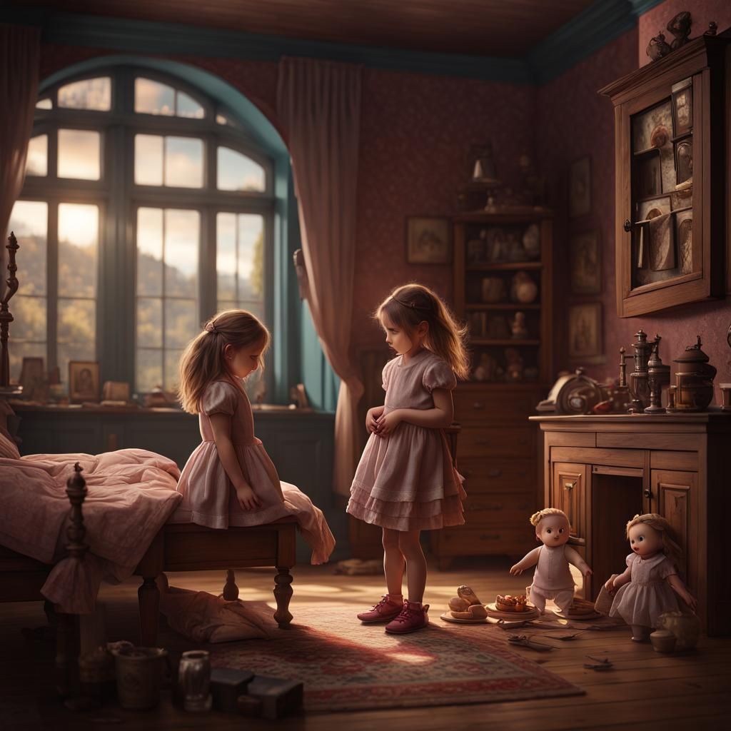 Girl and Doll Play in Dollhouse: Realistic Matte Painting