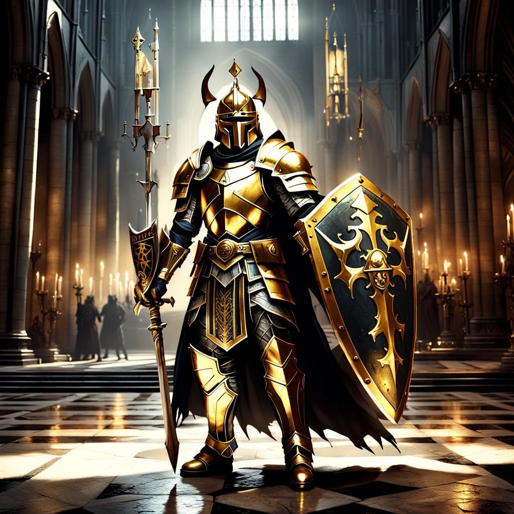 Paladin in Gothic Cathedral with Warhammer