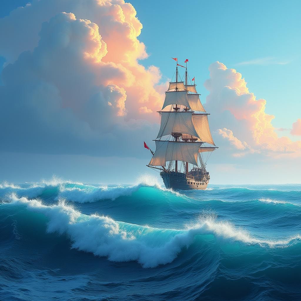 Majestic Seascape with Lone Ship in Fantasy Style