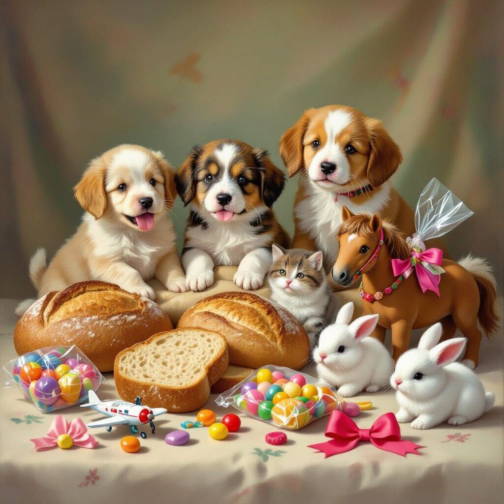 Whimsical Still Life: Puppies, Cats, and Toys in Storybook S...