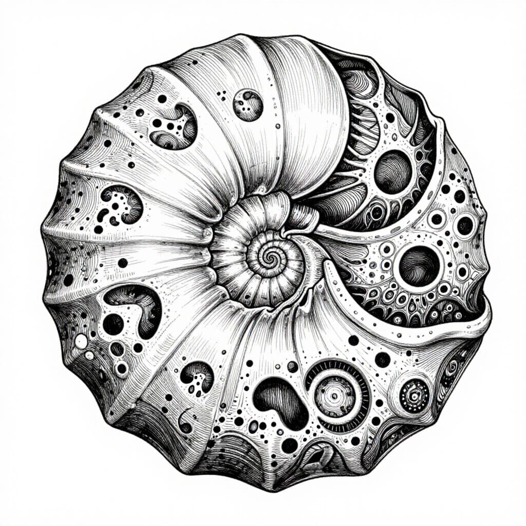 Nautilus Shell with Cell Figures in Escher Style