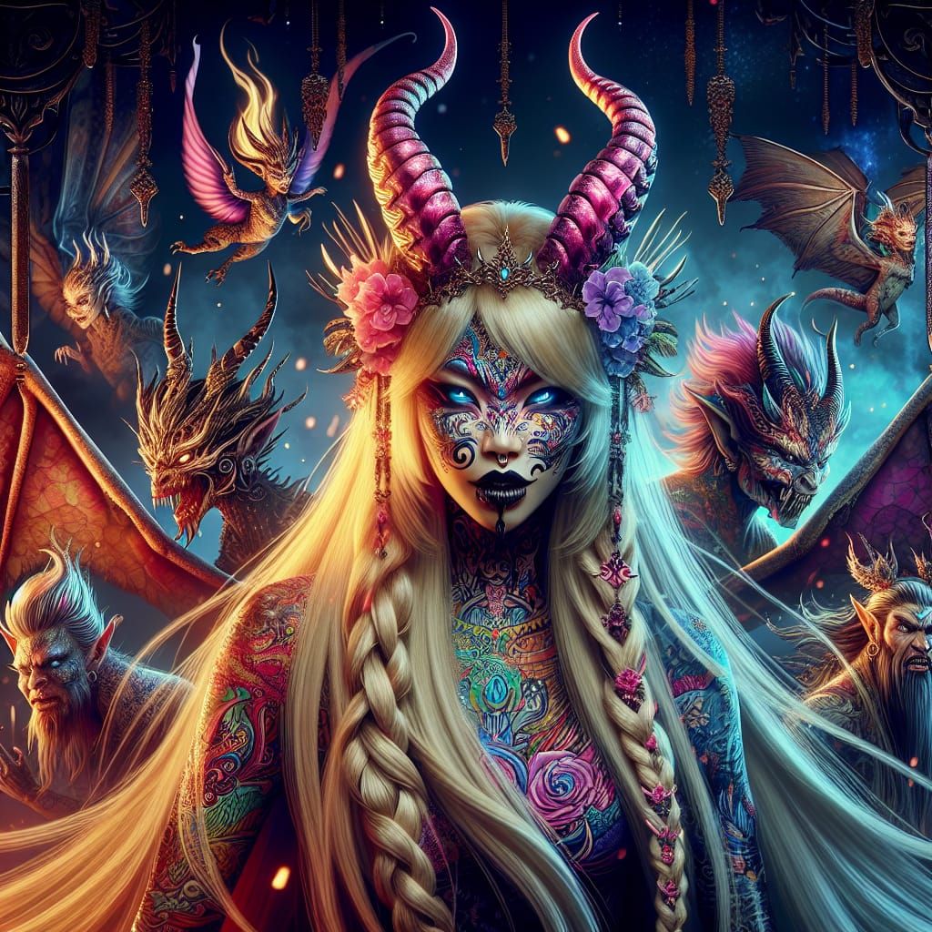 Blonde Demon with Braids, Wings, and Tattoos