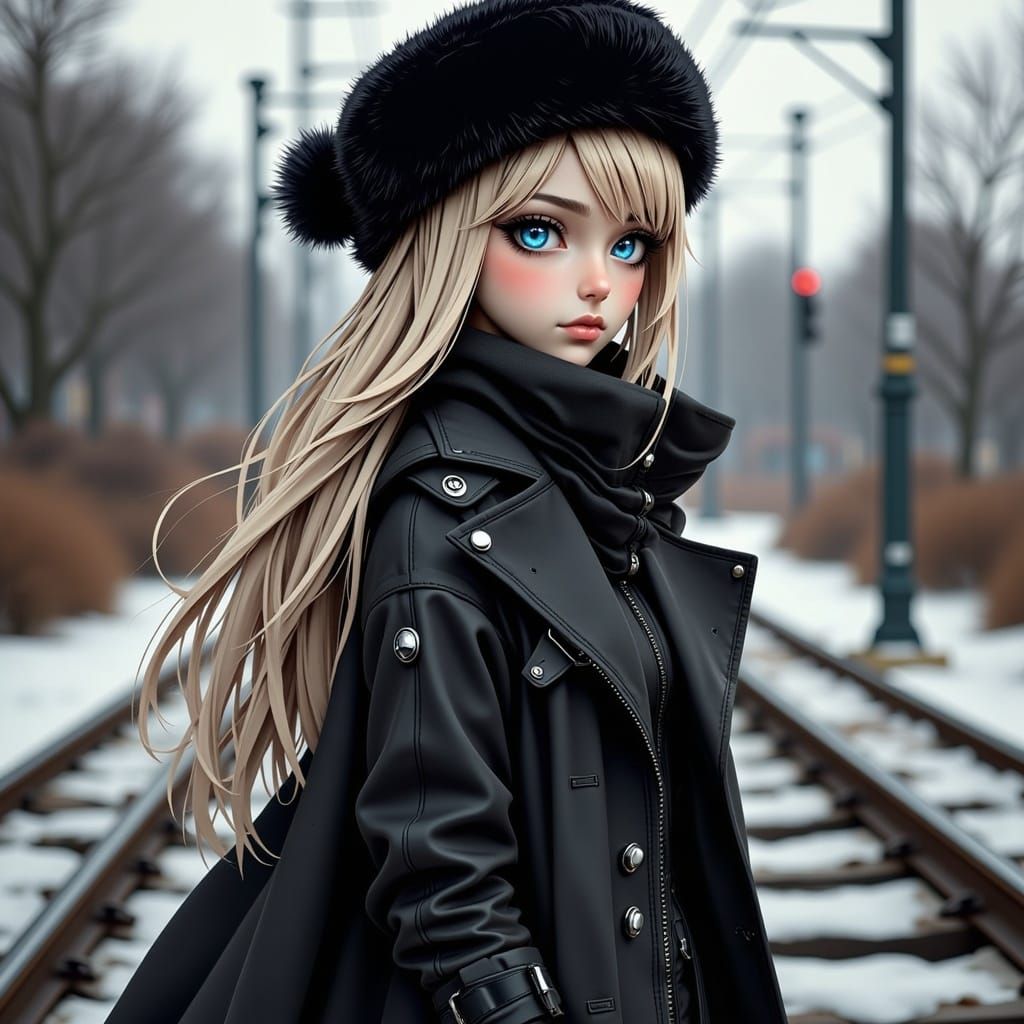 Sad Anime Girl in Black Coat by Train Tracks