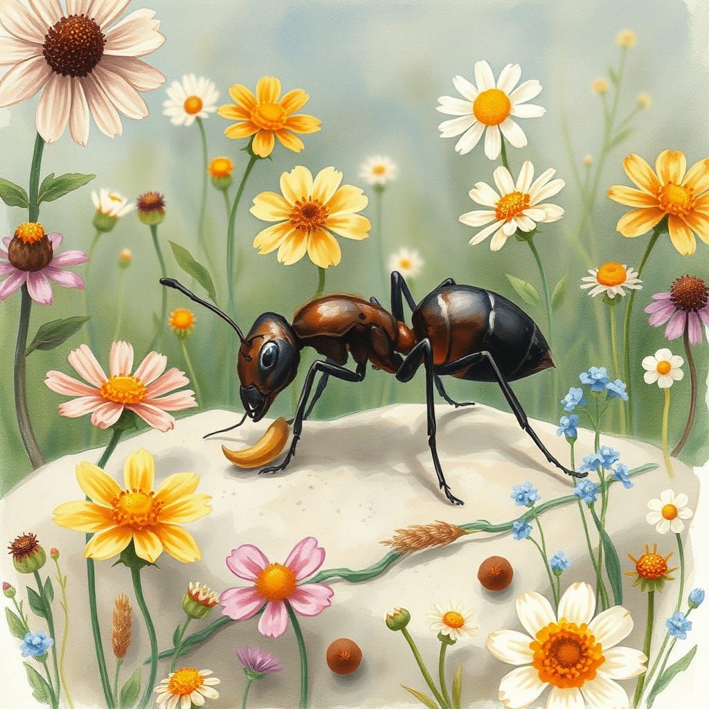 Whimsical Ant in Vibrant Wildflower Landscape