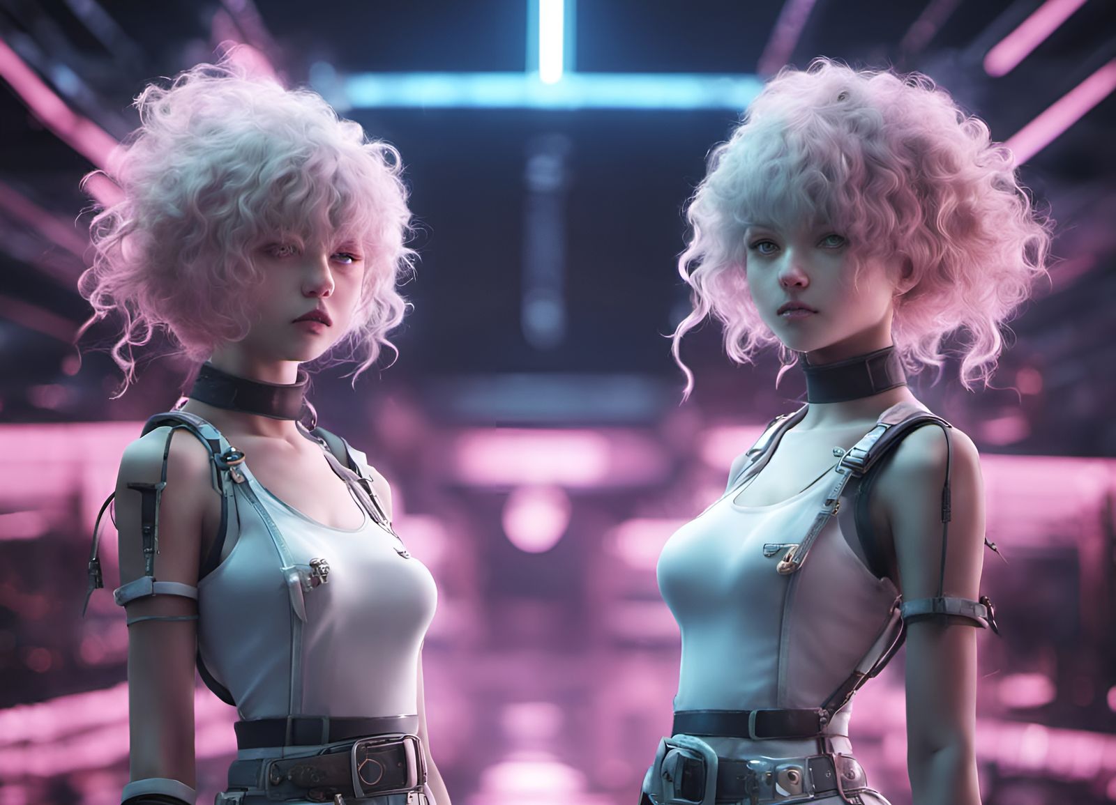 Anime Twin Girls in Space: Neon Punk Aesthetic