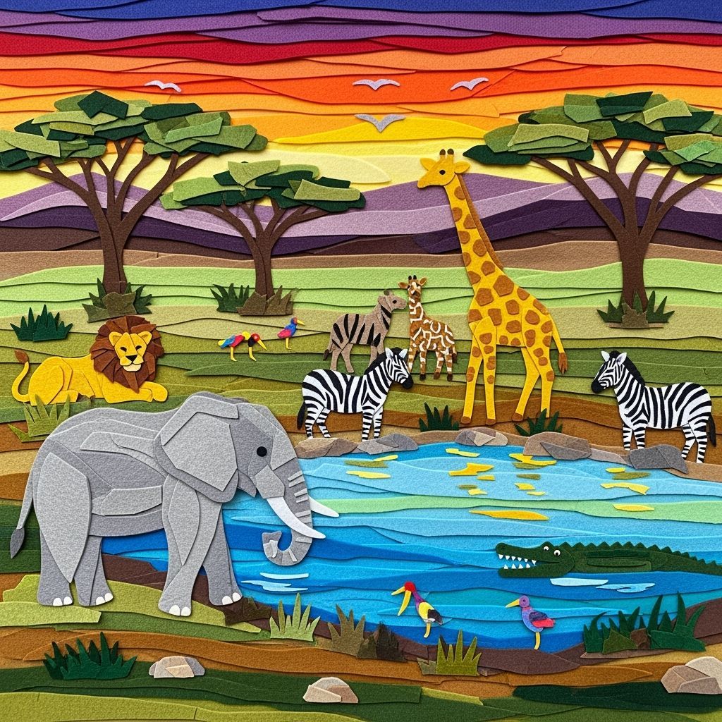 Vibrant 2D Felt Collage of African Watering Hole