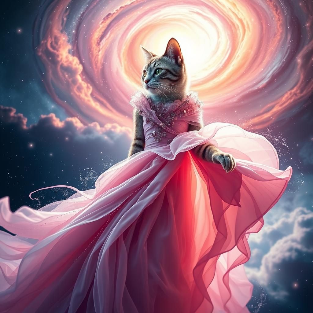 Cosmic Cat in Pink Gown: Surreal Portrait