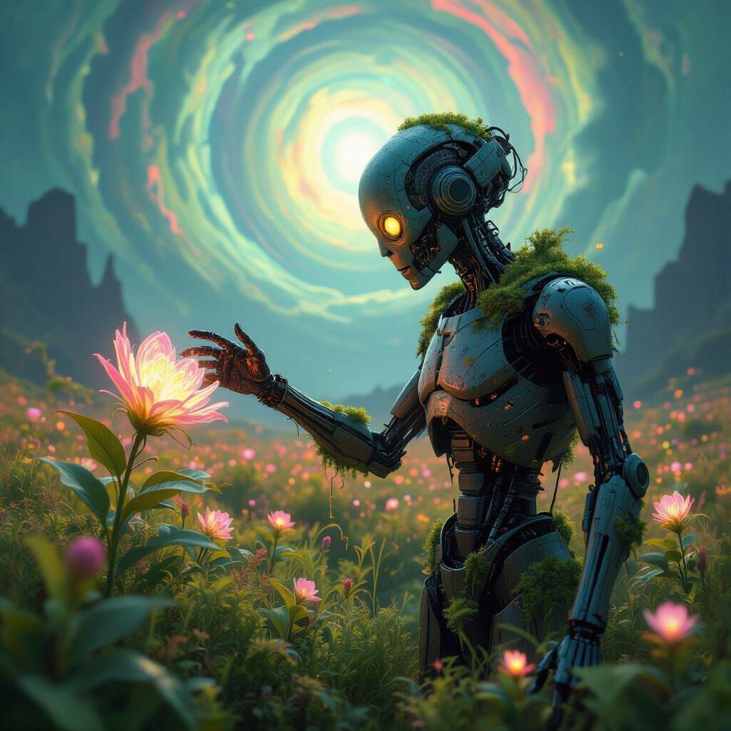 Decaying Cyborg Touching Bioluminescent Flower on Alien Plan...