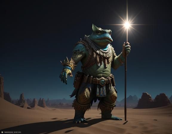 Bullywug Spellcaster in Desert, Epic 3D Game Art