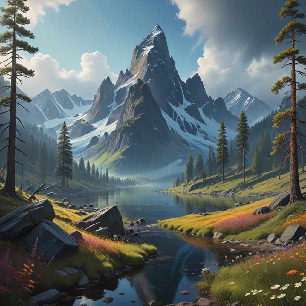 Dreamlike Watercolor Mountainscape in Vibrant, Painterly Sty...