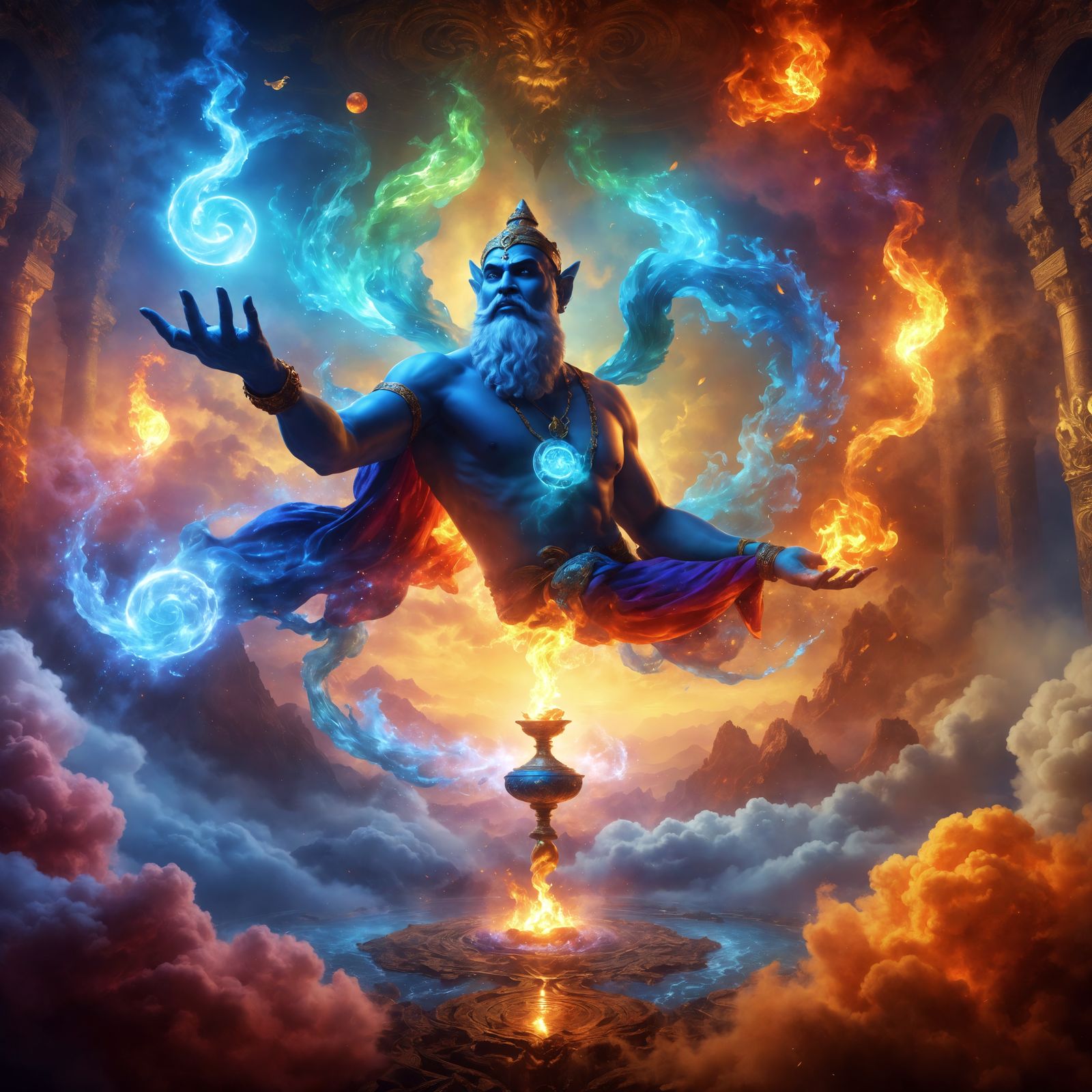 All-Powerful Genie Manipulating the Four Elements
