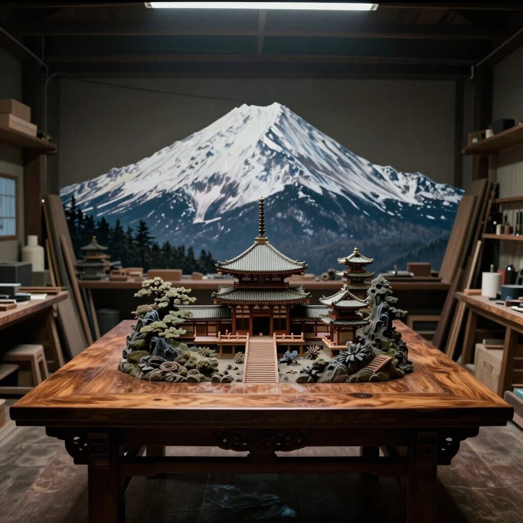 Detailed Woodshop Scene with Japanese Temple Table