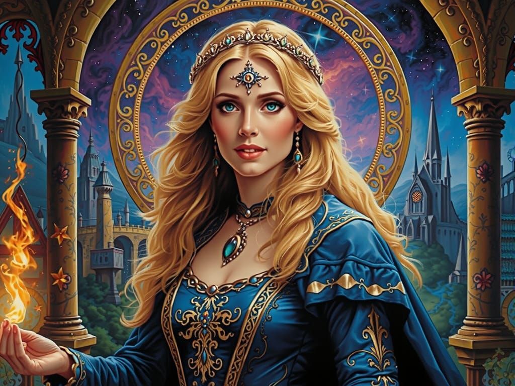 Medieval Fantasy Sorceress in Cosmic Psychedelic Oil Paintin...