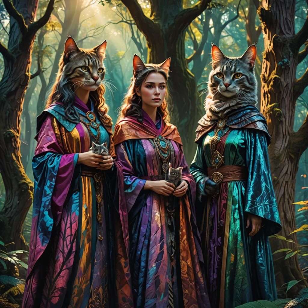 Mystical Forest Scene with Cat-Headed Women