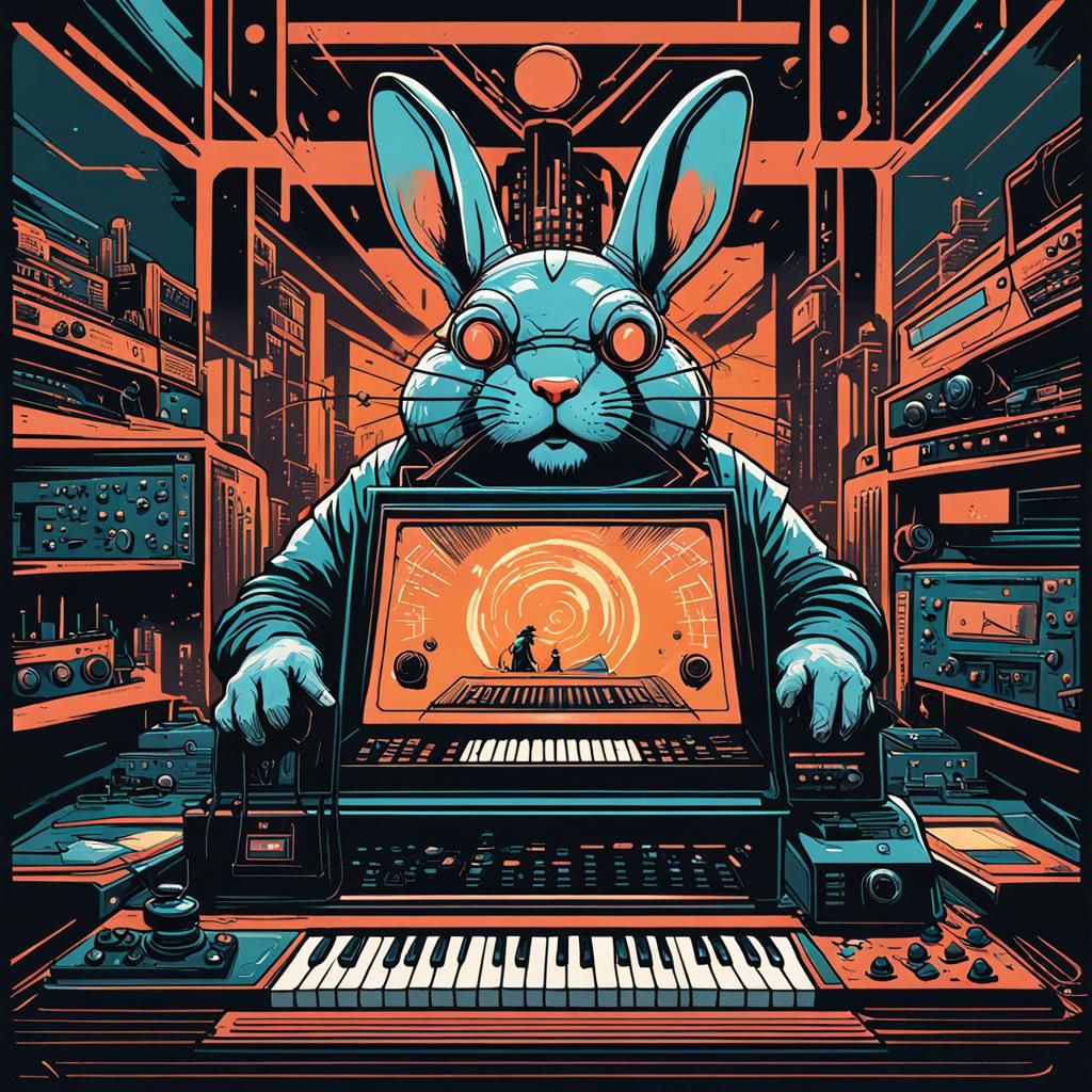 Angry Rabbit Cyborg Plays Synth in Retro Art Deco