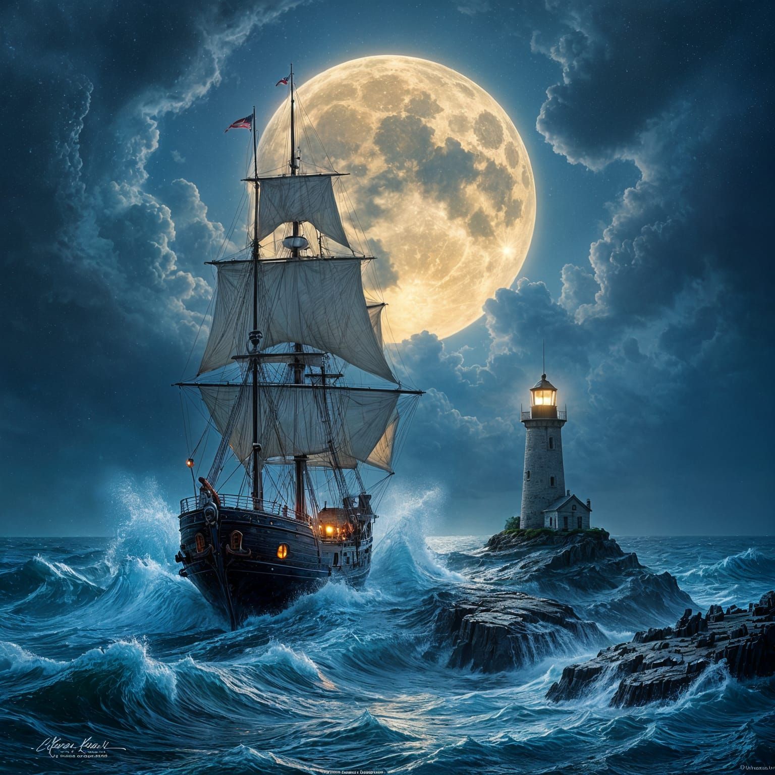 Lighthouse Beacon in Stormy Seas: Ethereal Fantasy