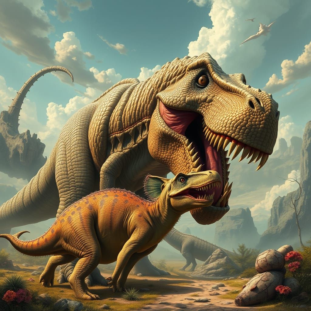 Armored T-Rex Devouring Dinosaurs in a Surreal Landscape