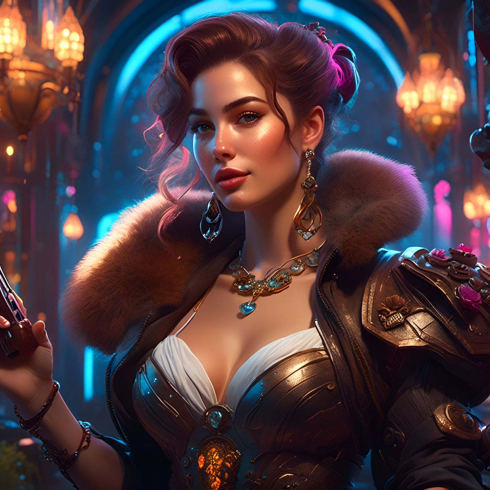 Mischievous Bounty Hunter Portrait in Dark Fantasy Style