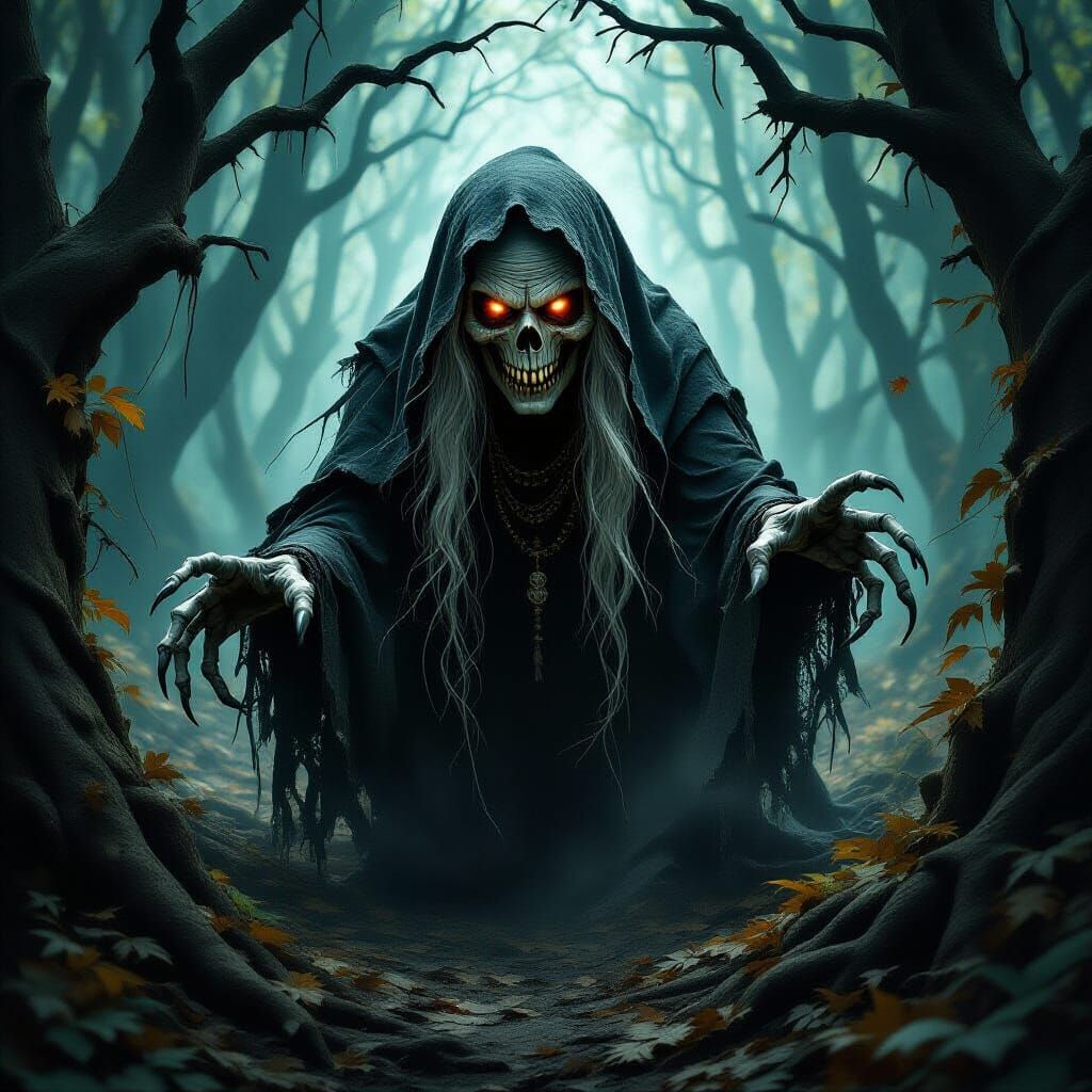 Terrifying Baba Yaga in Dark Forest Clearing