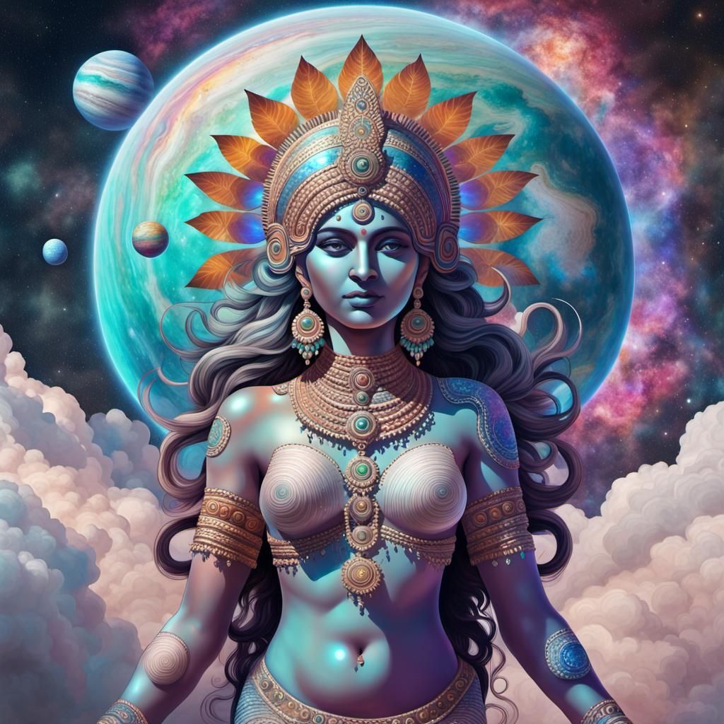 Cloudy Indian Goddess with Planets, Holographic Illustration