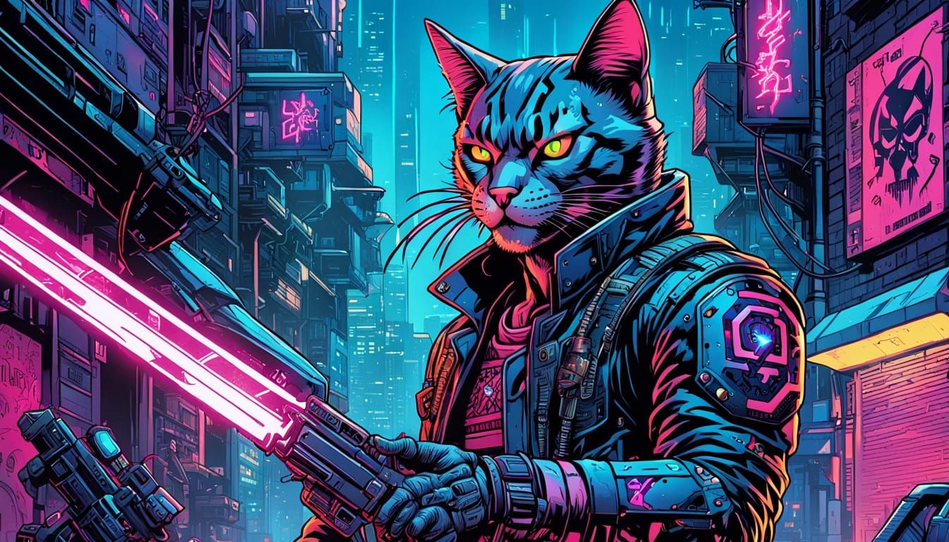 Cyborg Cat Bounty Hunter in Cyberpunk Comic Art