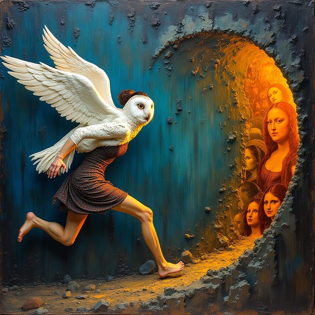 Giant Woman and Owl in Art Brut Style