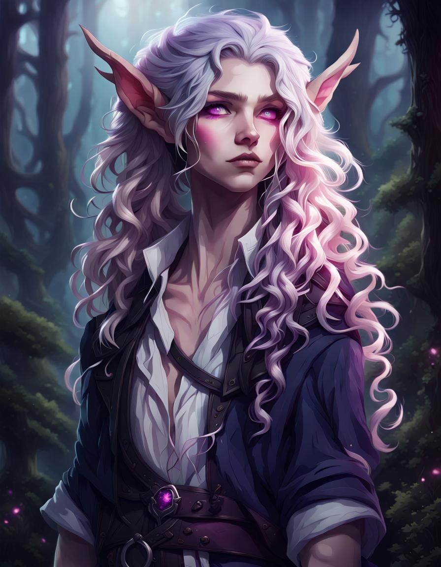 Androgynous Elf with Curly Hair in Dark Forest