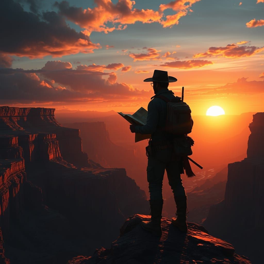 Explorer at Canyon's Edge in Fantasy Art Style