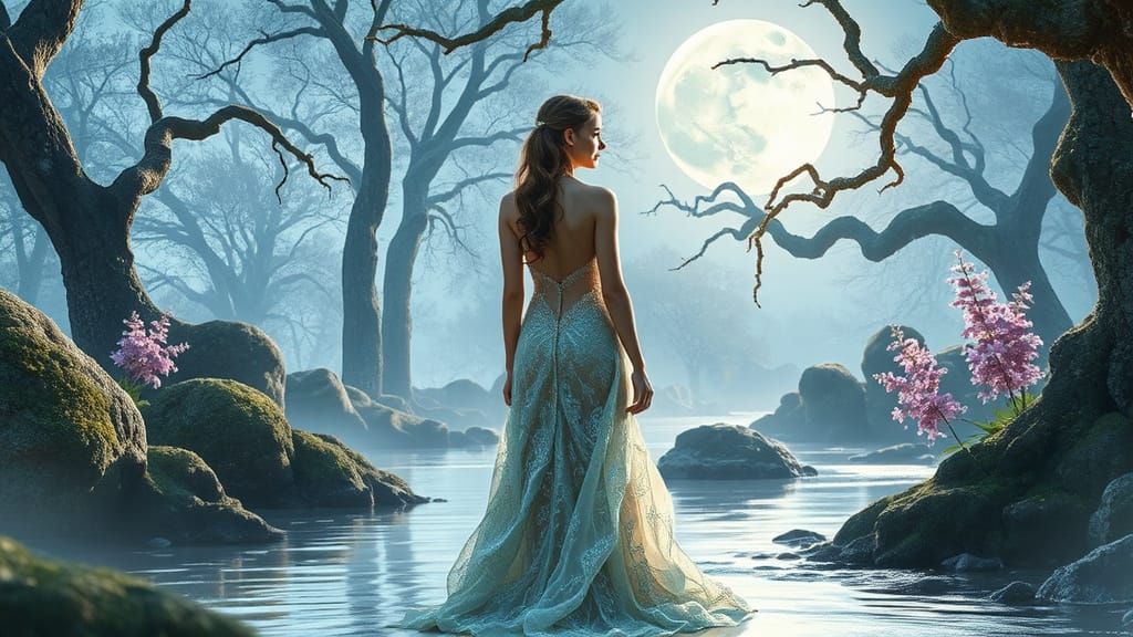 Ethereal Woman in Mystical Forest Dreamscape