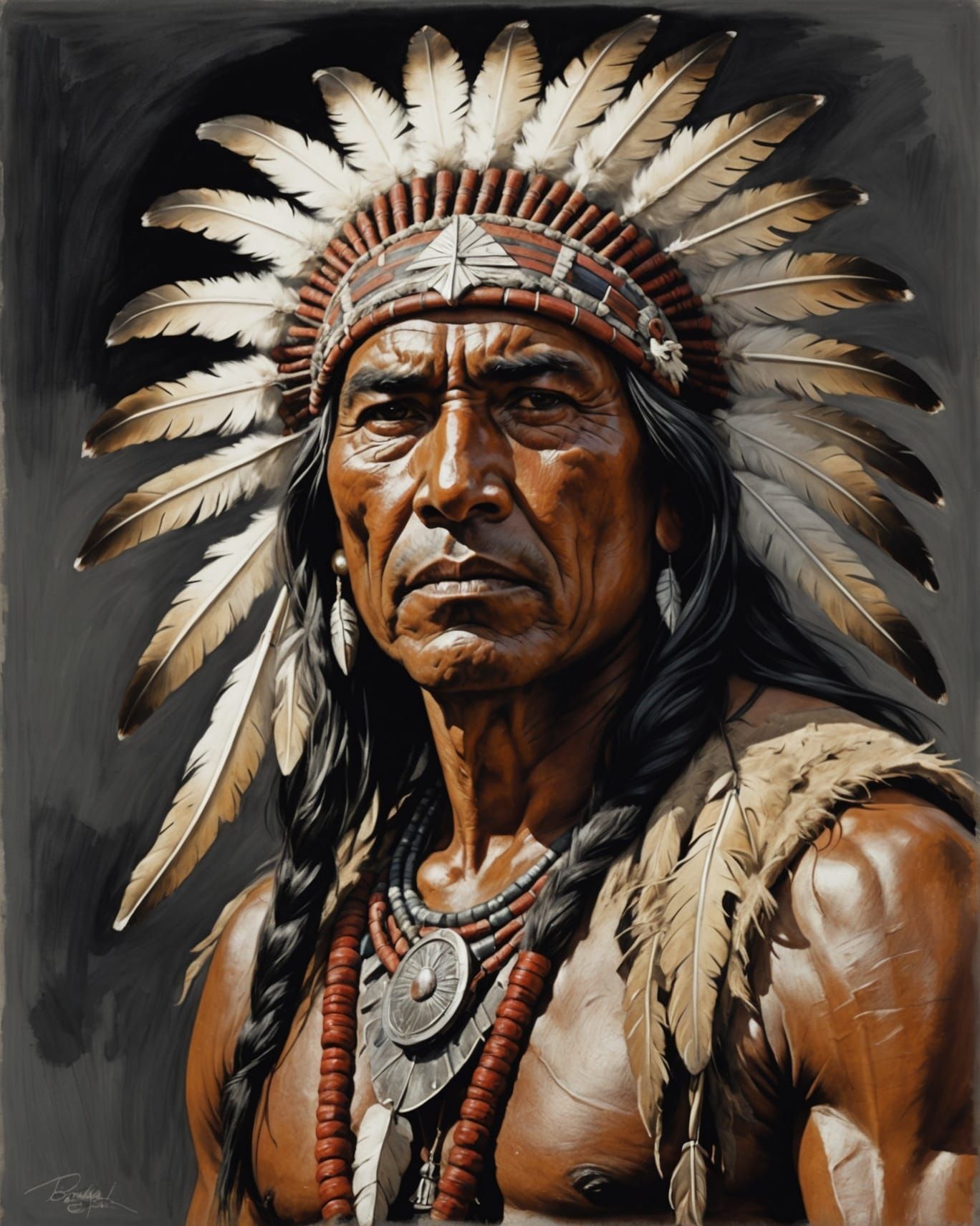 Dramatic Native American Brave Portrait in Oil