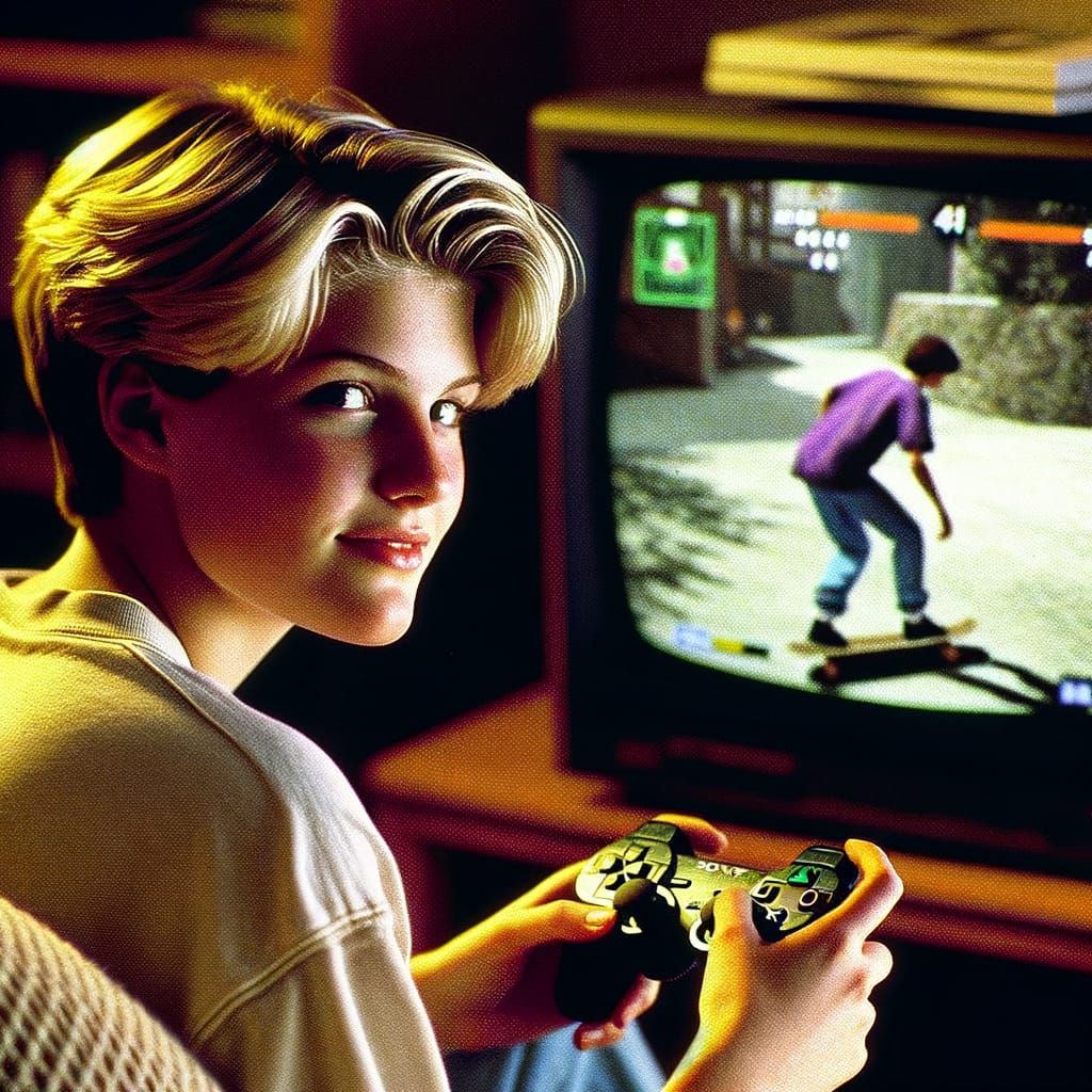 90s Athlete in Focus, Engrossed in Retro Skateboarding Video...