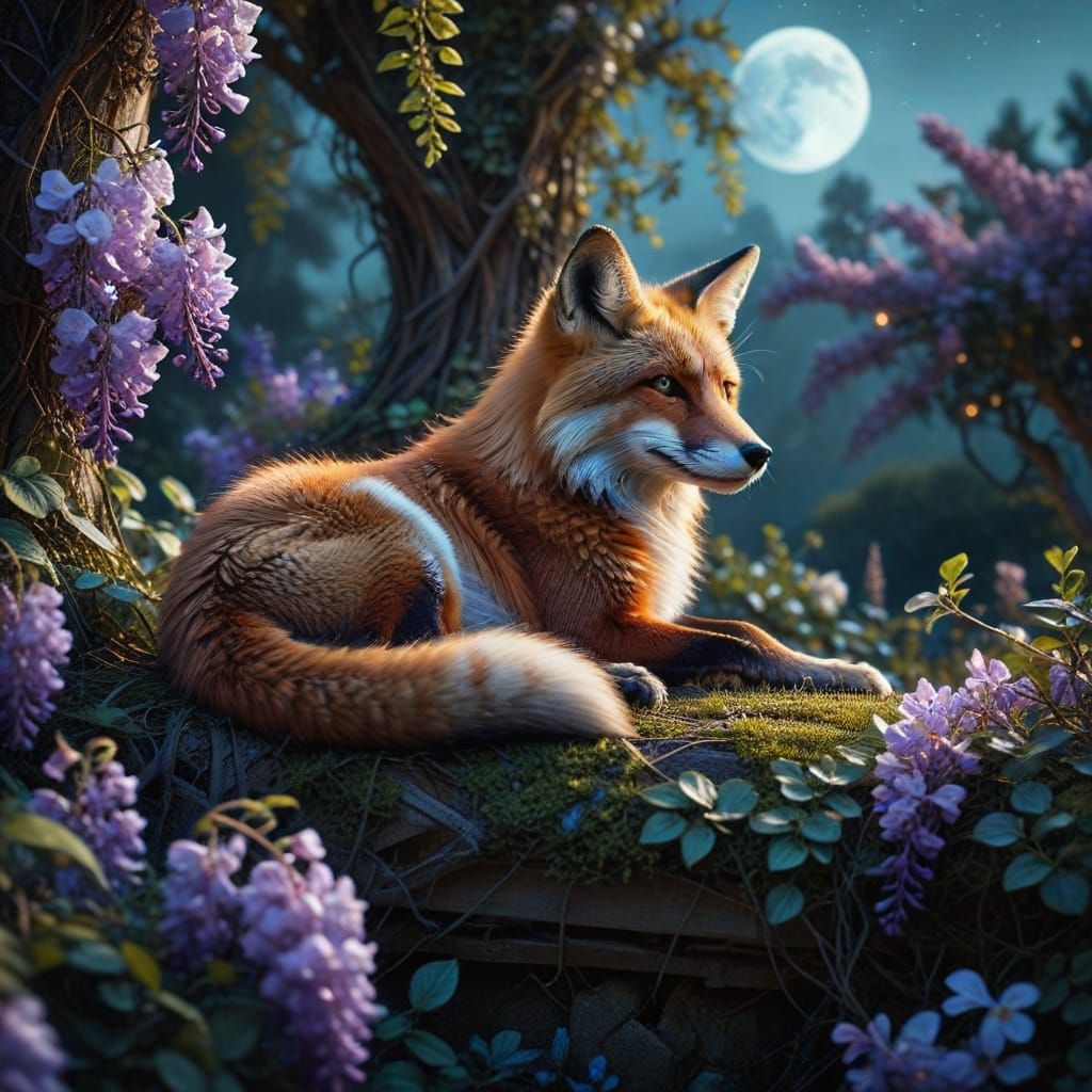 Relaxed Fox Resting Under Wisteria in Digital Art
