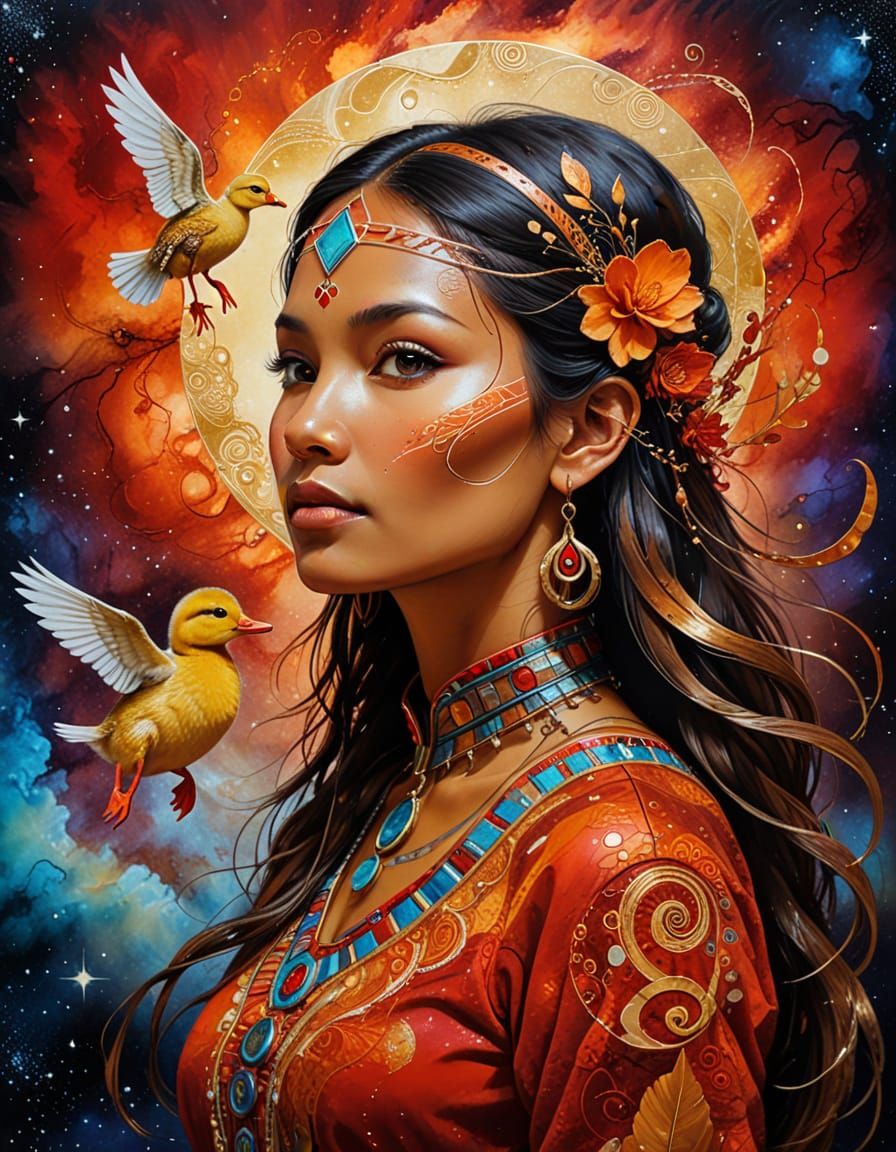 Native American Woman in Space: Surreal Mixed Media