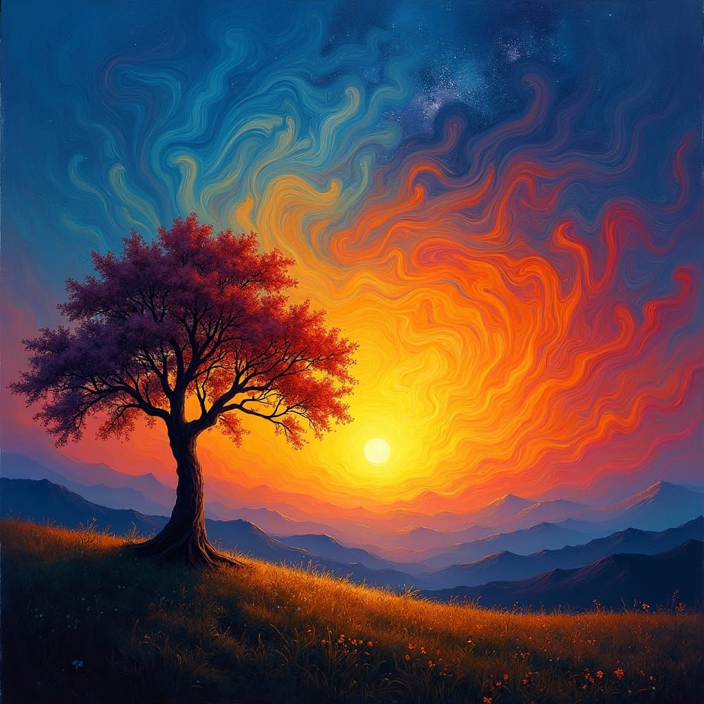 Mystical Sunrise Landscape in Van Gogh Style