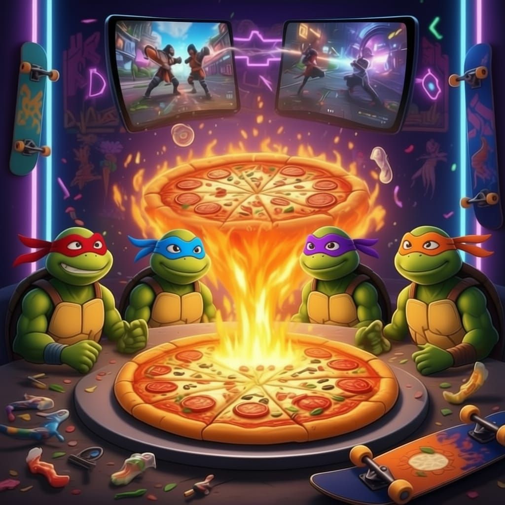Ninja Turtles Gather Around a Hot Pizza