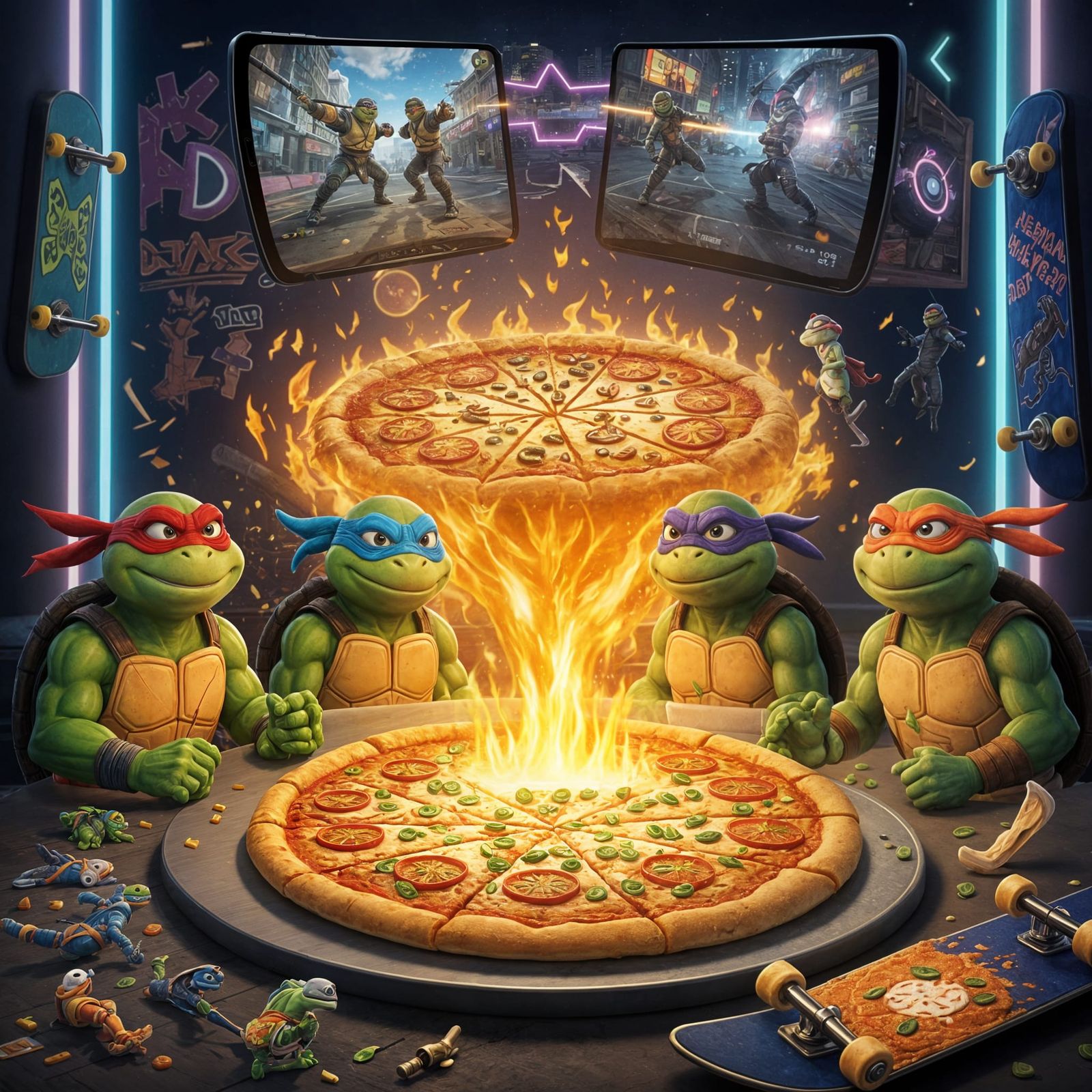 Ninja Turtles Gather Around a Hot Pizza