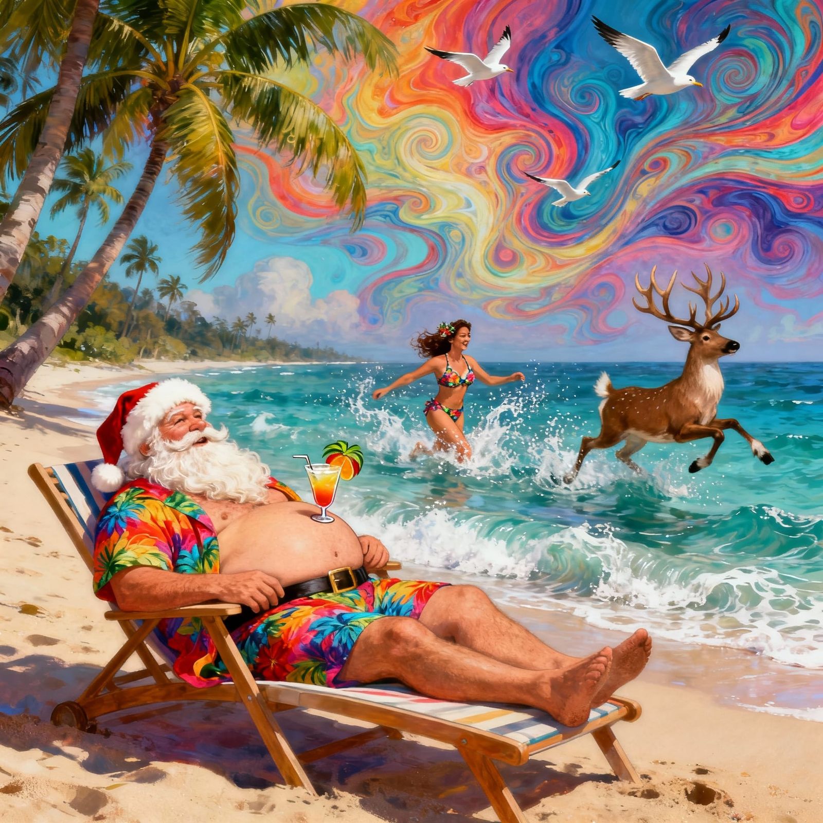 Santa Claus Enjoys Tropical Beach Vacation with Reindeer