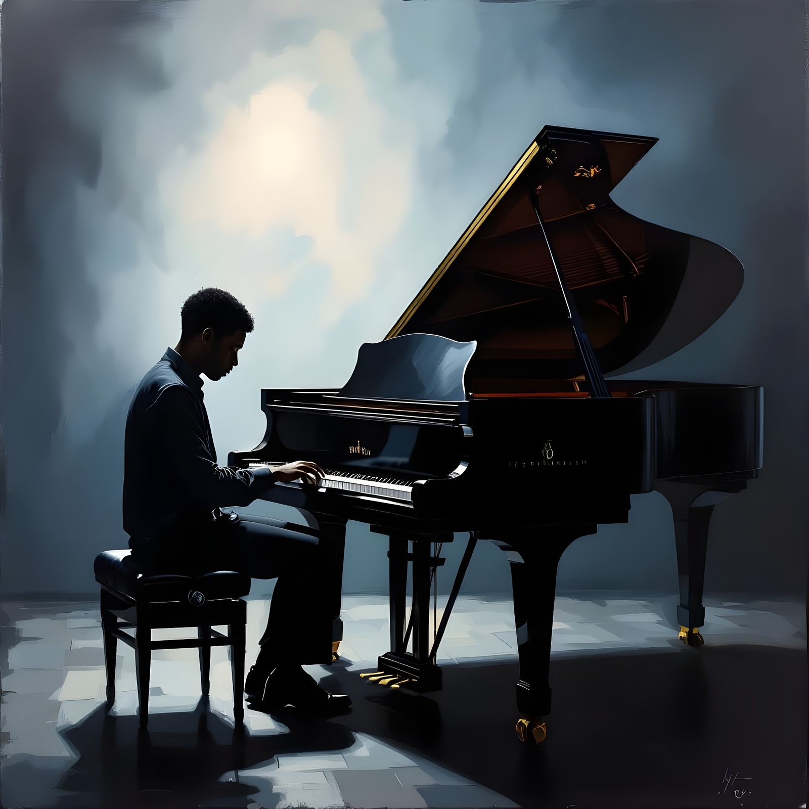 Sad Young Man by Grand Piano in Dark Room