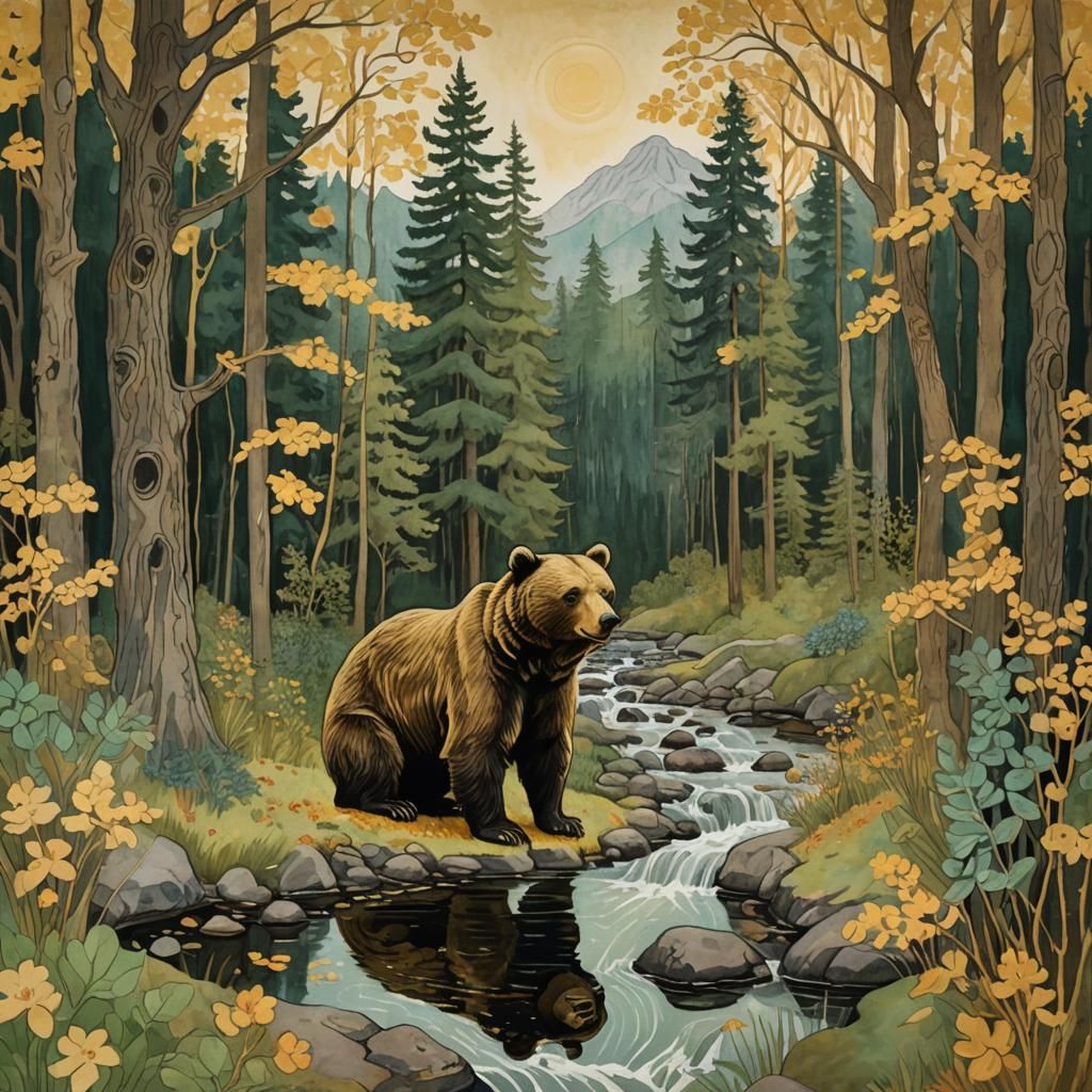 Art nouveau gold wood frame, a bear with a forest in the bac...