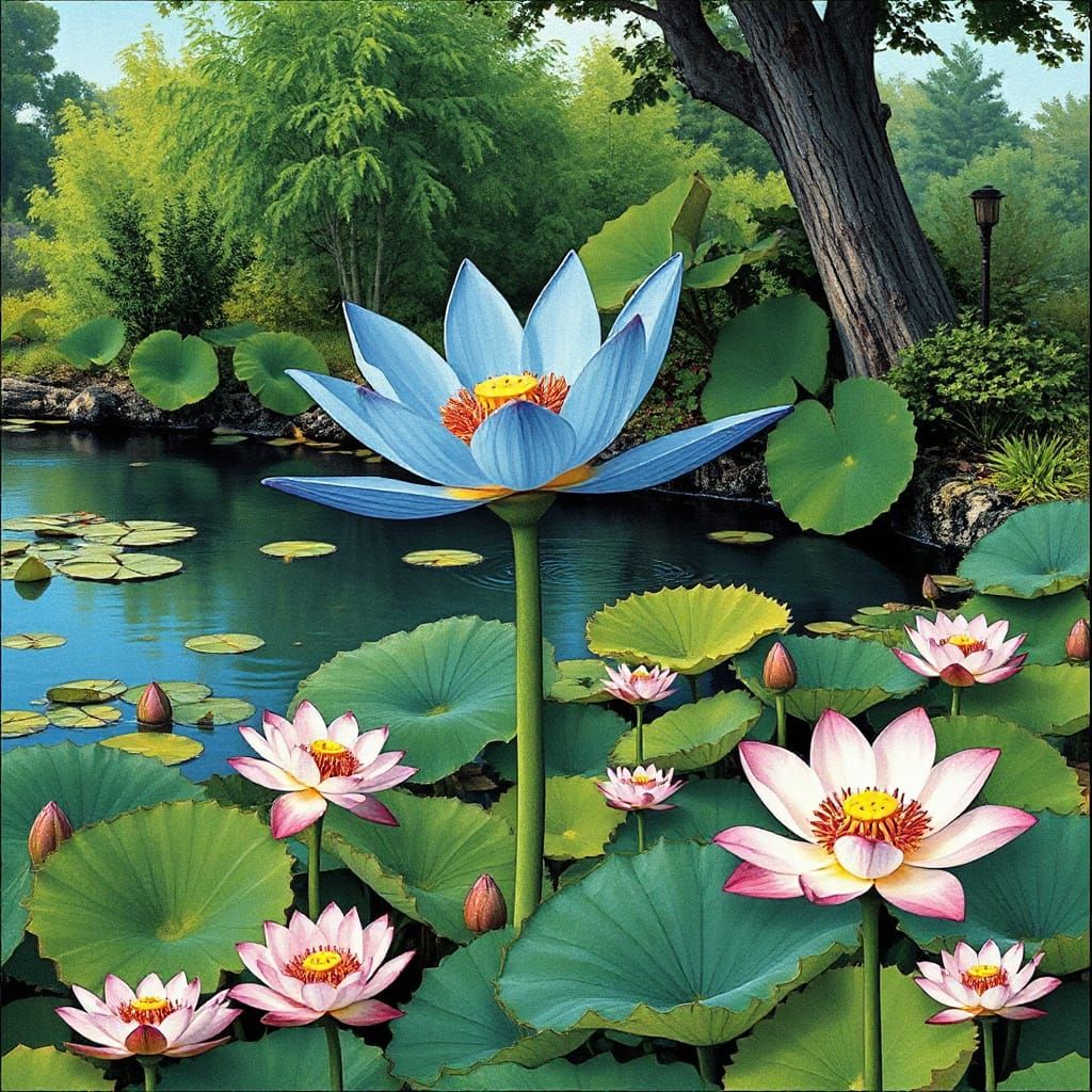 Vibrant Blue Lotus Blossoms in Serene River Landscape