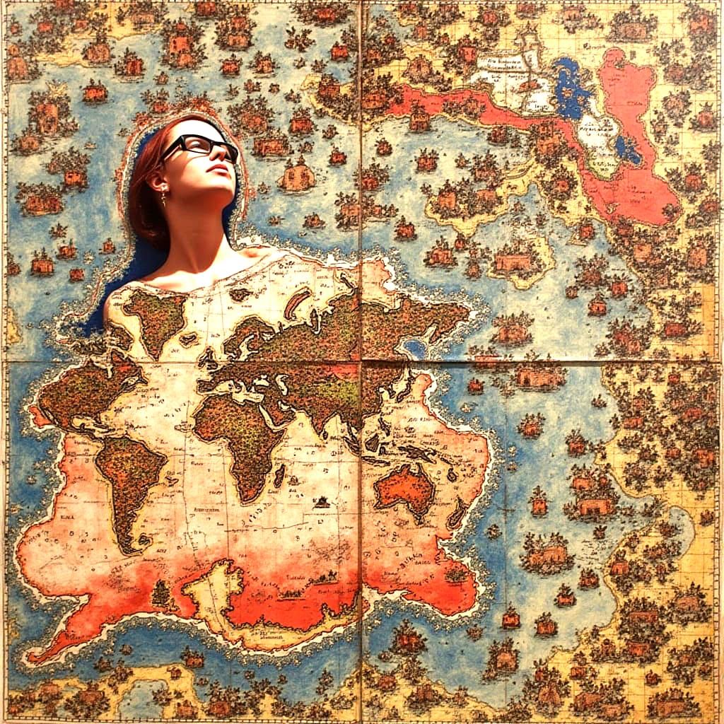 A Woman Stands Before a Mapped Horizon